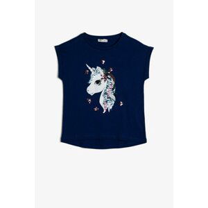 Koton Soft Cotton Unicorn Printed Sequin Crew Neck Short Sleeve T-Shirt