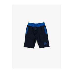 Koton Boys Blue Printed Thin Sweat Fabric Contrast Colored Pockets and Ribbed Waist Cord Shorts