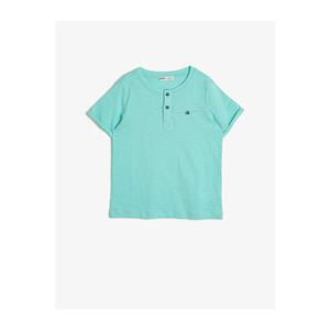 Koton Boy's Green Cotton Collar Buttoned Short Sleeve T-shirt with Pocket