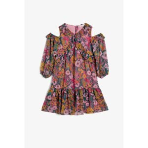 Koton Floral Siphon Fabric Crew Neck Layered Ruffled Medium Length Dress