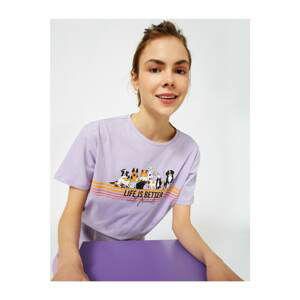 Koton Women's Lilac Printed Crew Neck Cotton T-Shirt