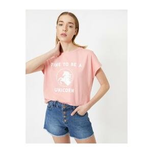 Koton Women's Pink Crew Neck Printed T-shirt