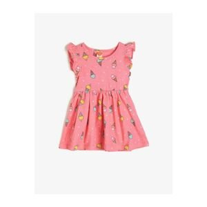 Koton Girl Pink Ice Cream Patterned Sleeves Ruffled Waist Pleated Dress