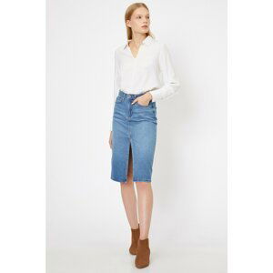 Koton Women's Blue Regular Waist Midi Pocket Detailed Jean Skirt