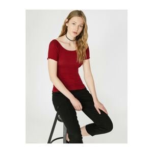 Koton Women's Claret Red Hollow Collar Short Sleeve T-Shirt