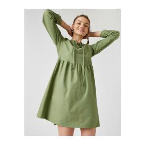 Koton Women's Green Cotton Long Sleeve Baglama Detailed Short Dress