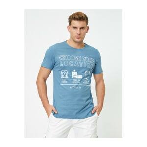 Koton Men's Blue Short Sleeve Crew Neck Printed Printed T-shirt