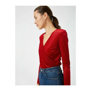 Koton Women's Red Long Sleeve Velvet Wrap Blouse