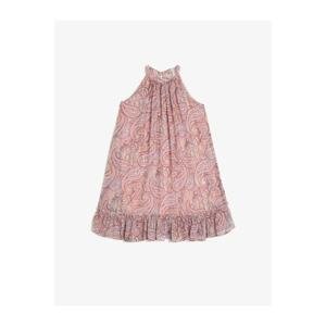 Koton Girl's Pink Crew Neck Sleeveless Patterned Ruffle Detailed Dress