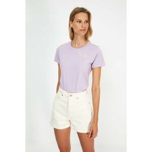 Trendyol Lilac 100% Organic Cotton Embroidered Basic Knitted T-Shirt