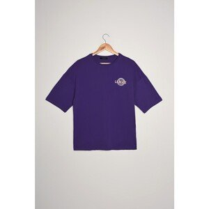 Trendyol Purple Front and Back Printed Oversize Knitted T-Shirt