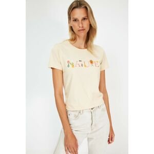 Trendyol Beige 100% Organic Cotton Basic Printed Knitted T-Shirt