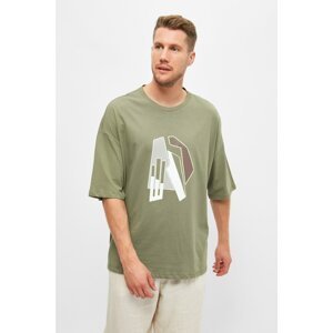 Trendyol Khaki Men's Short Sleeve Oversize Fit 100% Cotton Printed T-Shirt