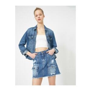 Koton Women's Navy Blue Pocket Ripped Detailed Mini Jean Skirt