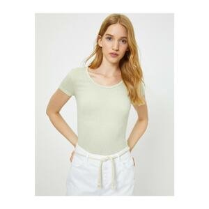 Koton Women's Green Hollow Collar Casual Cut Short Sleeve T-Shirt