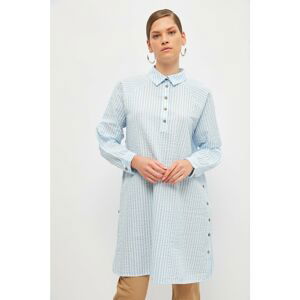 Trendyol Blue Shirt Collar Button Detailed Striped Veiling Tunic