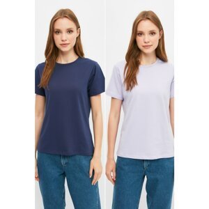 Trendyol Navy Blue-Lilac 100% Cotton Single Jersey Crew Neck 2-Pack Knitted T-Shirt