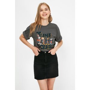 Trendyol Space Jam Licensed Anthracite Printed Loose Knitted T-Shirt