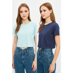 Trendyol Navy Blue-Blue 100% Cotton Crew Neck 2-Pack Crop Knitted T-Shirt