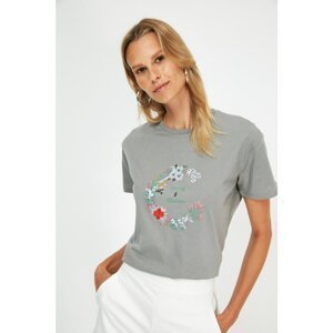 Trendyol Gray Embroidered Basic Knitted T-Shirt