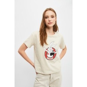 Trendyol Space Jam Licensed Printed Semifitted Beige Knitted T-Shirt