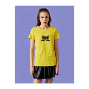 Koton Women's Yellow Printed T-Shirt Crew Neck Short Sleeve