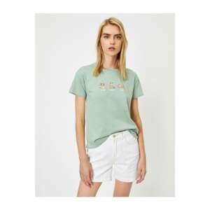 Koton Women's Green Crew Neck Short Sleeve Printed T-Shirt