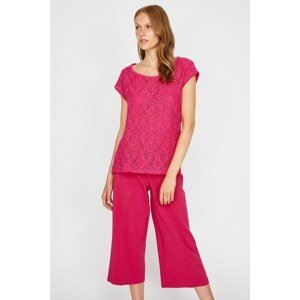 Koton Women's Pink Crew Neck Short Sleeve Detailed Lace Blouse