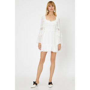 Koton Women's White Hollow Out Collar Long Sleeved Ruffle Detailed Mini Ruffle Dress