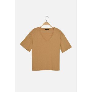 Trendyol Camel Embroidered Loose Knitted T-Shirt