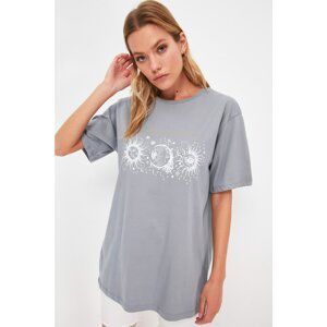 Trendyol Gray Printed Boyfriend Knitted T-Shirt