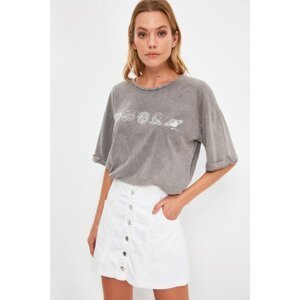 Trendyol Gray Printed Loose Knitted T-Shirt