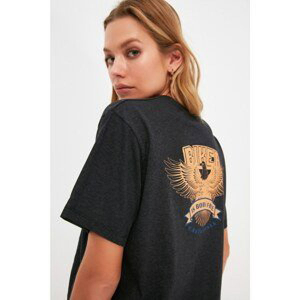Trendyol Anthracite Back Printed Boyfriend Knitted T-Shirt