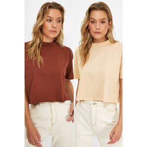 Trendyol Brown-Beige 2-Pack Crop Knitted T-Shirt