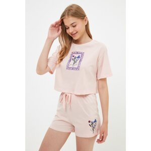 Trendyol Pink Floral Patterned Knitted Pajamas Set
