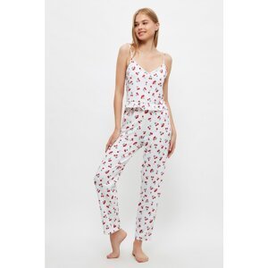 Trendyol White Cherry Patterned Knitted Pajamas Set