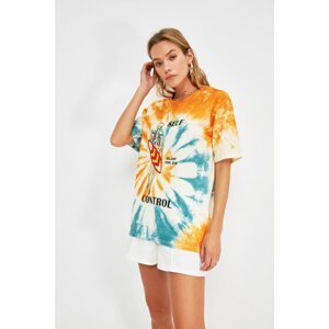 Trendyol Blue Printed Tie Dye Boyfriend Knitted T-Shirt