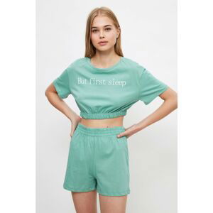 Trendyol Green Slogan Knitted Pajamas Set