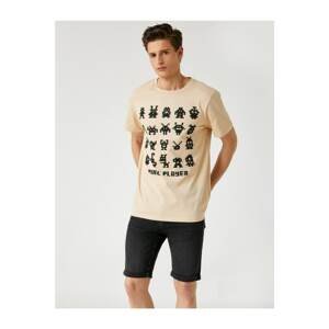 Koton Men's Beige Printed Crew Neck Short Sleeve Cotton T-Shirt