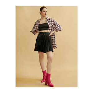 Koton Women's Black Leather Look Pleated Mini Skirt