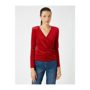 Koton Women's Red Long Sleeve Velvet Wrap Blouse