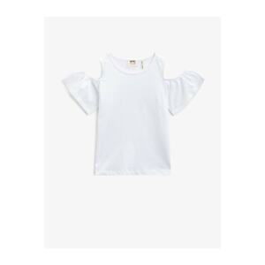 Koton Girl's White Crew Neck Shoulder Detailed Cotton T-Shirt
