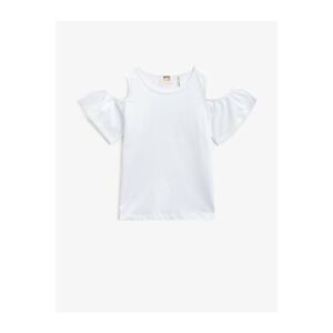 Koton Girl's White Crew Neck Shoulder Detailed Cotton T-Shirt