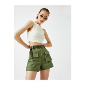 Koton Women's Green Pocketed Belted Cotton Shorts