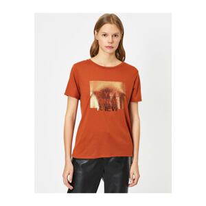 Koton Women's Brown Shiny Print Detailed T-Shirt