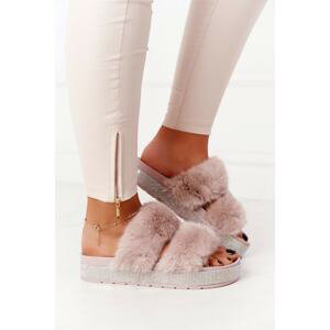 Platform Slippers With Fur And Cubic Zirconia Beige Wow!