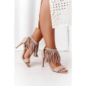 Suede High Heel Sandals With Fringes Beige Boho Swing