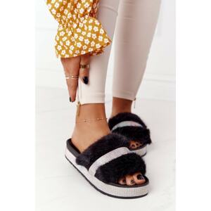 Platform flip-flops with fur with zirconia black impress