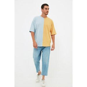 Trendyol Blue-Beige Men's Oversize Crew Neck Short Sleeve Printed T-Shirt