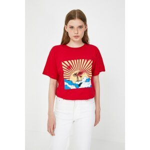 Trendyol Red Front and Back Printed Boyfriend Knitted T-Shirt